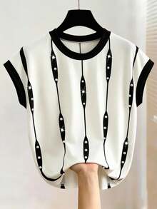 SHEIN Franclia Camiseta de manga corta raglán regular para mujer, con cuello y puños a contraste, camiseta de mujer elegante y de moda - Multicolor - Ver 1