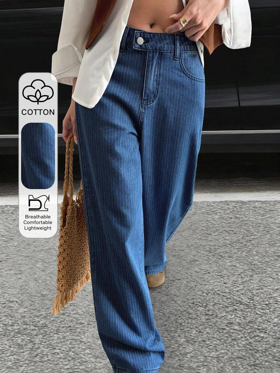 Women's Striped Loose Straight Leg Casual Jeans, Tall Women