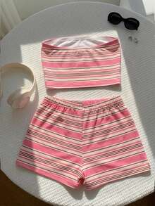 Comfortcana Conjunto de top bandeau y shorts a rayas de contraste vintage para mujer, adecuado para la playa, la calle, el aeropuerto y el uso en casa - Multicolor - Ver 2