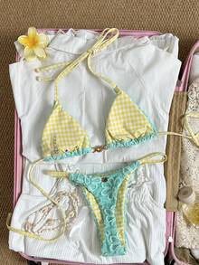 Swim Mod Bikini Segitiga Dua Potong Tanpa Punggung Leher V Bolak-balik Motif Bunga Matahari Hijau Mint & Manis untuk Wanita, Cocok untuk Musim Panas, Pesta Pantai, dan Liburan. - Cadet Blue - View 2