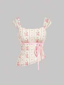 SHEIN MOD Bộ đồ 2 mảnh cỡ lớn màu hồng lãng mạn in họa tiết: Áo vạt lệch và chân váy đuôi cá, bộ đồ 2 mảnh in họa tiết cổ điển, họa tiết hoa dán tường. Bộ đồ hai mảnh thanh lịch. - Nhiều màu - Xem 5