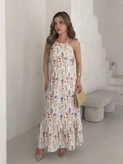 Jemour Printed Spaghetti Strap Elastic Waist Casual Women's Dress