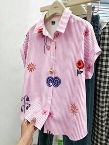 GlowEve Loose Short Sleeve Collared Shirt With Cuff Turnup, Striped Faux Embroidered Floral Pattern For Women - Pink - View 1
