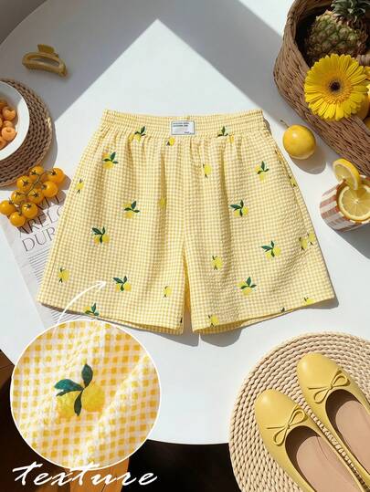 SHEIN MOD Plus Size Women's Plaid Fruit Pattern Print High Waist Casual Cute Shorts, Beach Vacation Shorts, Lemon Yellow Shorts, Summer Shorts, Bottoms, Lemon Print Shorts, Comfort Shorts Boxer Shorts Women's Shorts,Holiday Look, Gingham Shorts, Short For Women , Lemon Shorts, Shorts With Lemon Print,Festival Outfit Women,Women São João Outfits,Country Concert Outfit ,Country