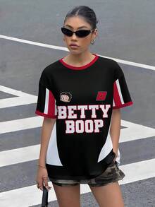 Betty Boop x SHEIN 大码女式夏季休闲时尚街头运动字母卡通印花撞色宽松T恤 - 白色 - 查看 6
