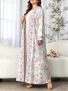 SHEIN Najma 花卉植物图案滚边大码女装连衣裙，优雅阿拉伯风格长袍，春夏时尚长袖开衫长款外套，花卉印花多色卡夫坦长袍 - 彩色 - 查看 4