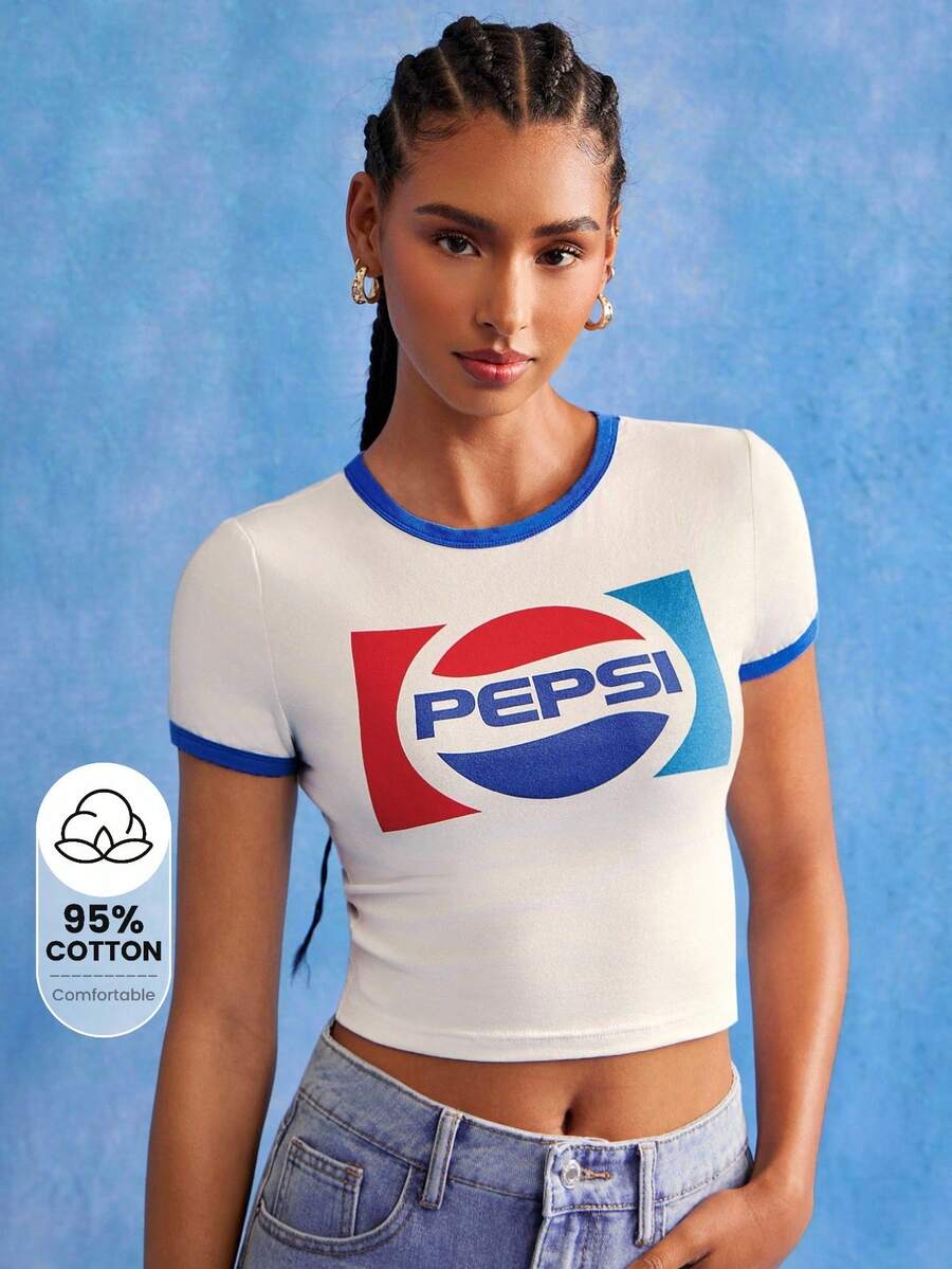 PEPSI X SHEIN Áo thun crop top tay ngắn cổ tròn họa tiết chữ tương phản dành cho nữ - trắng - Xem 1