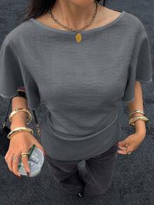 Blusa de manga corta con cintura ceñida, 100% algodón marrón con ribete negro para mujer - Gris - Ver 7