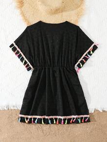 SHEIN Conjunto de Capa de Maiô Bikini e Shorts Oversized para Meninas Pré-Adolescentes, Tecido de Malha Leve Preto, Design com Borla, Adequado para Natação, Praia, Resort, Férias de Verão - Preto - Visão 2