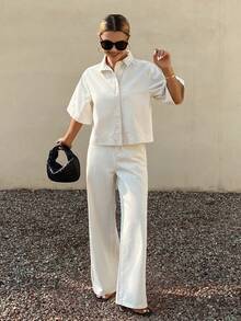 Camisa de mezclilla tipo cardigan de estilo casual y suelto para primavera y verano, blusa blanca, adecuado para el Día de San Valentín, boda, oficina casual, estilo minimalista, al aire libre, casual de negocios, pantalones vaqueros de pierna recta, conjunto de 2 piezas para mujer - Blanco - Ver 5