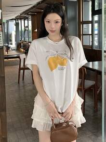 DAZY 女士圆领字母水果印花休闲百搭日常短袖T恤图案T恤女夏季 - 白色 - 查看 7