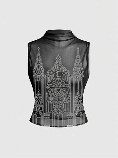 ROMWE Goth Chaleco negro de iglesia gótica, misterioso y oscuro con cruz, blusa de malla sexy para mujer, adecuado para la playa en verano