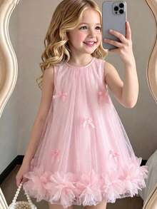 SHEIN Elladie kids 1件装女童夏季无袖银箔装饰连衣裙，甜美可爱风格，优雅海滩度假装扮 - 粉色 - 查看 3