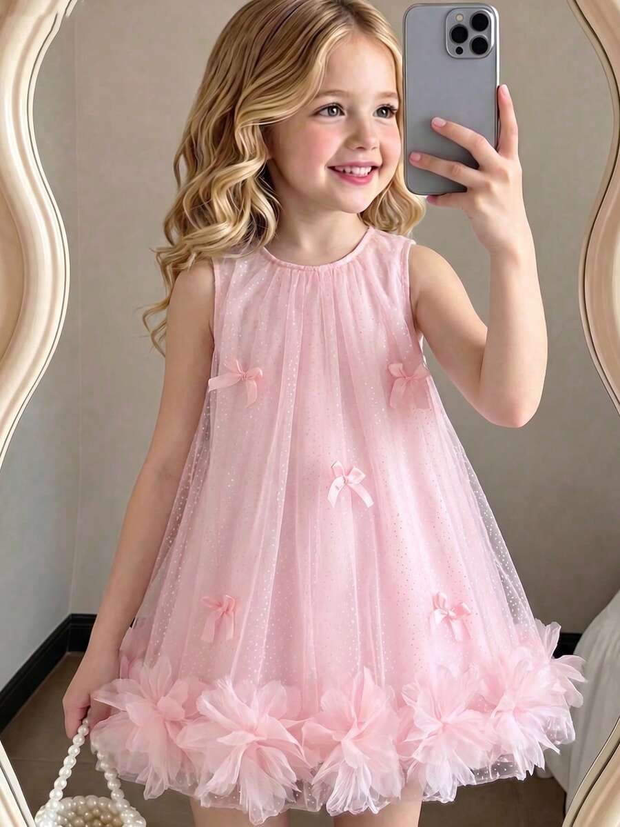SHEIN Elladie kids 1 chiếc đầm hè không tay cho bé gái, trang trí bằng lá bạc, kiểu dáng ngọt ngào và dễ thương, thanh lịch và phù hợp cho kỳ nghỉ biển. - Hồng - Xem 1