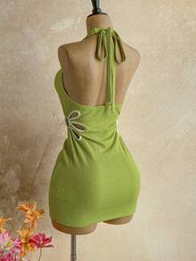 Ure Wave Vestido de mujer con cuello halter plisado y textura hueca - Verde - Ver 6