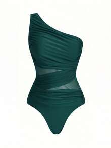 Swim Oasis One-Piece Swimsuit With Solid Color Ruched Mesh Panel And Sarong Skirt - Pink - View 5