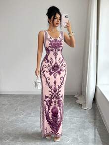 SHEIN Elenzya Printed Chinoiserie Waist-Cinching Slit Retro Elegant Middle Eastern UAE Style Robe, Tight Fit, Pink, Sleeveless Night Out Vacation Summer - Coral Pink - View 4