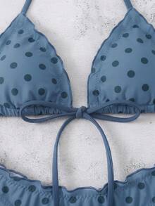 Swim Mod 女款夏季波點印花性感熱帶風細肩帶綁帶比基尼兩件式泳衣 海灘派對度假度假套裝 海軍藍波點 - 霧霾藍 - 查看 3