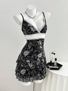 Elamini Vestido de mujer, estampado de París, escote en V profundo y sexy, parche de encaje, falda con volantes multicapa - Negro - Ver 5