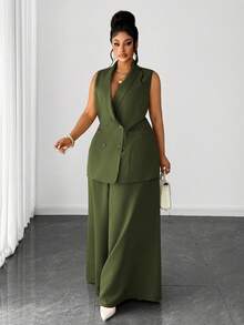 Maweii Setelan Jas Wanita Ukuran Besar Kasual Elegan dengan Kancing dan Celana Panjang Lebar, Cocok untuk Kantor/Perjalanan, Musim Gugur/Musim Dingin - Dark Green - View 4