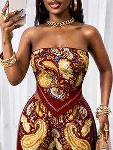 BamGleam Bộ 2 món gồm áo croptop không dây in họa tiết Paisley phong cách Bohemian với vạt áo bất đối xứng và quần ống rộng cạp chun, thích hợp cho kỳ nghỉ, đi biển và mặc hàng ngày vào mùa xuân/hè. - Màu Đỏ Sâu - Xem 6