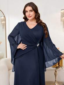 Reflora Plus Size Women V-Neck Faux Pearl Decor Ruched Casual Elegant Party Dinner Formal Wedding Guest Dress Navy Blue Autumn Fall - Navy Blue - View 7