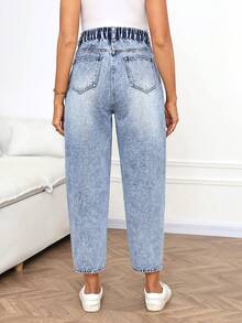 SHEIN Quần jeans nữ cạp cao, kiểu dáng thường ngày, màu xanh nhạt, chất liệu denim bạc màu, thích hợp mặc đi làm, đi nghỉ mát, tốt nghiệp, phong cách Y2K, dễ thương, đường phố, dự tiệc cưới, thanh lịch, công sở, đi biển, tốt nghiệp. Quần jeans nữ cạp cao, chất liệu denim bạc màu, eo chun, ống côn lửng, quần thường ngày, màu xanh nhạt, kiểu dáng rộng rãi, hiệu ứng rách, quần jeans thiết yếu hàng ngày. - Màu xanh lam - Xem 2