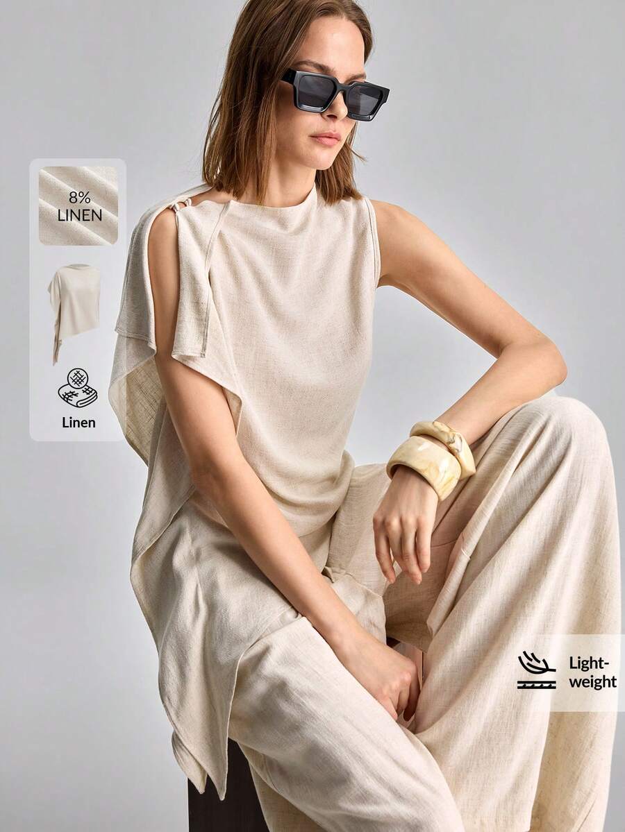 Ontre Áo nữ dáng rộng, màu trơn, thiết kế bất đối xứng, kiểu dáng thường ngày - Màu be - Xem 1