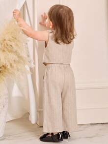 SHEIN Bộ 2 món áo ba lỗ và quần dài dệt kim màu trơn cho bé gái, kiểu dáng thường ngày. - Màu be - Xem 2