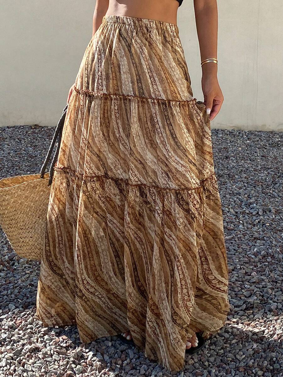 Livesso Bohemian Style Patchwork Full Print Skirt For Women Vacation - Yellow - View 1