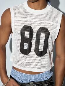 Modcrash Men's Fashionable Sports Mesh Tank Top, Minimalist 97 Graphic Print, Cropped Design, Suitable For Summer Casual And Streetwear - White - View 6