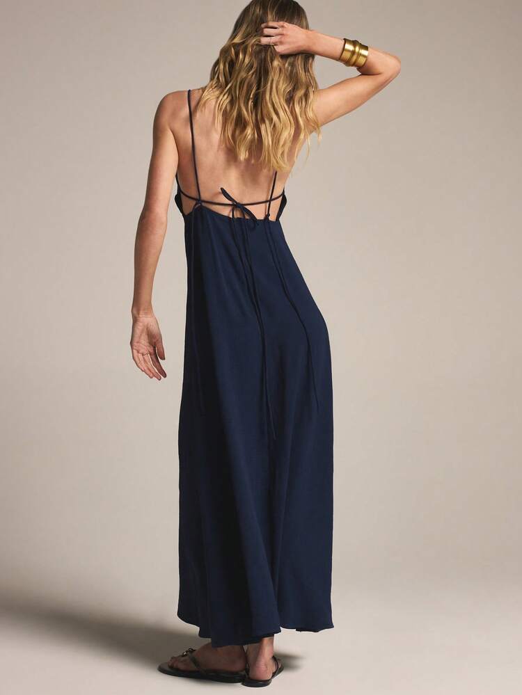 KSTM Women's Navy Cami Strap Maxi Dress With Lace-Up Back Detail Sleeveless Floor Length Summer Evening Dress