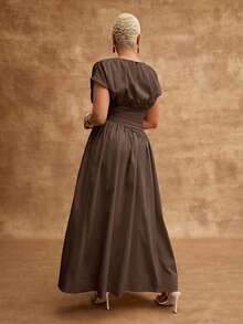 Vixey Solid Woven Round Neck Ruched Drop Waist Maxi Dress - Brown - View 2