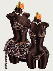 Zestiva Traje de baño de 3 piezas con estampado de leopardo 2026, conjunto de bikini sexy para mujer, vestido de playa - Multicolor - Ver 1