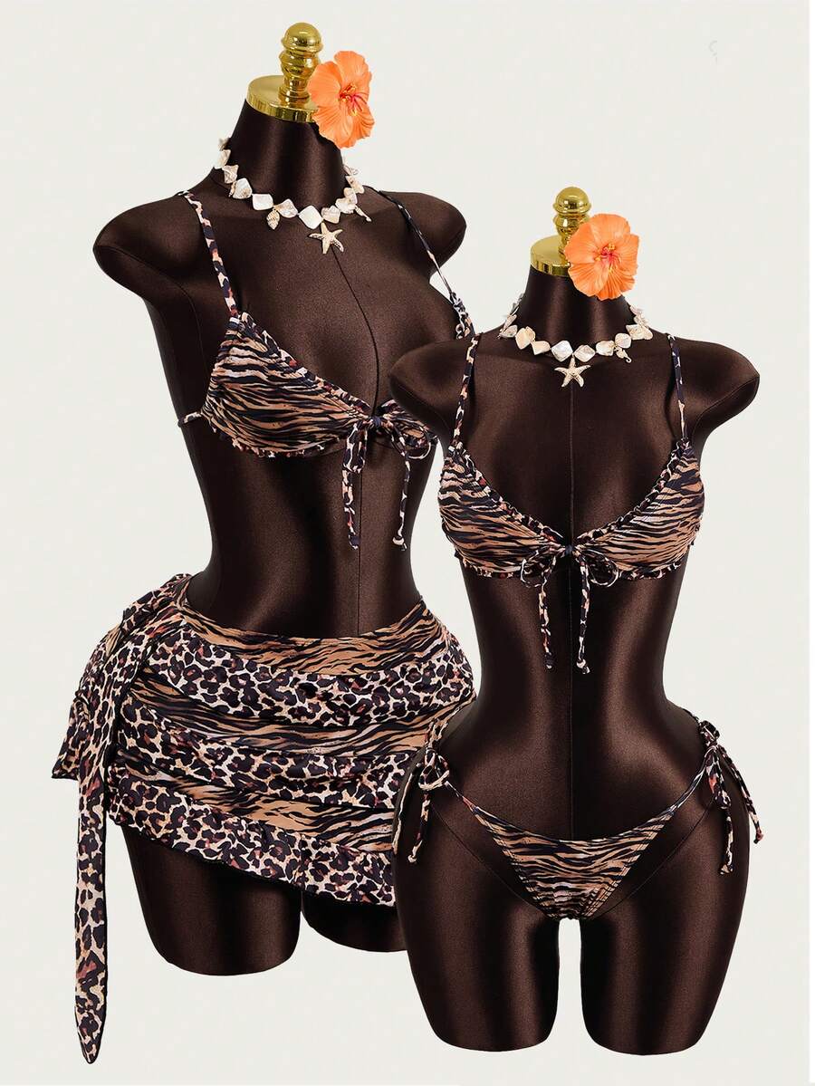 Zestiva Traje de baño de 3 piezas con estampado de leopardo 2026, conjunto de bikini sexy para mujer, vestido de playa - Multicolor - Ver 1