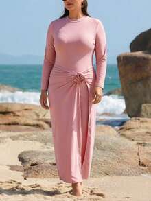 SHEIN Swim Bộ đồ bơi 3 món cỡ lớn dành cho nữ, màu trơn, họa tiết hoa 3D kiểu Trung Đông, kín đáo, che phủ toàn thân, thích hợp cho bãi biển và lướt sóng. - Bụi hồng - Xem 3