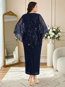 Modelyn Plus Size Solid Color Round Neck Raglan Casual Mesh Patchwork Sequin Decor Elegant 2-Piece Set - Navy Blue - View 2