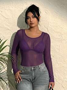 CovetEZ Plus Size Sheer Basic Top, Purple - Purple - View 6