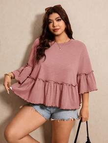 Elaquor Plus Size Solid Color Loose Fit Ruffle Trim T-Shirt - Dusty Pink - View 5