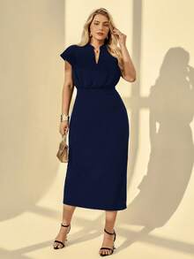 Auralis Plus Size Women's Summer Casual Commuting Simple Solid Color Notched Neck Puff Sleeve Fitted Dress - Navy Blue - View 4