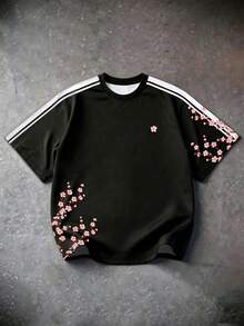 Manfinity EMRG 男士休闲时尚街头风撞色条纹侧边短袖宽松T恤，夏季 - 彩色 - 查看 1