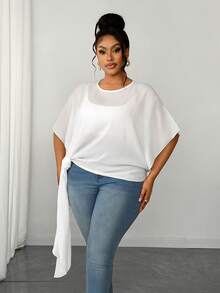 Maweii Blusa elegante branca plus size com amarração no pescoço - Branco - Ver 1