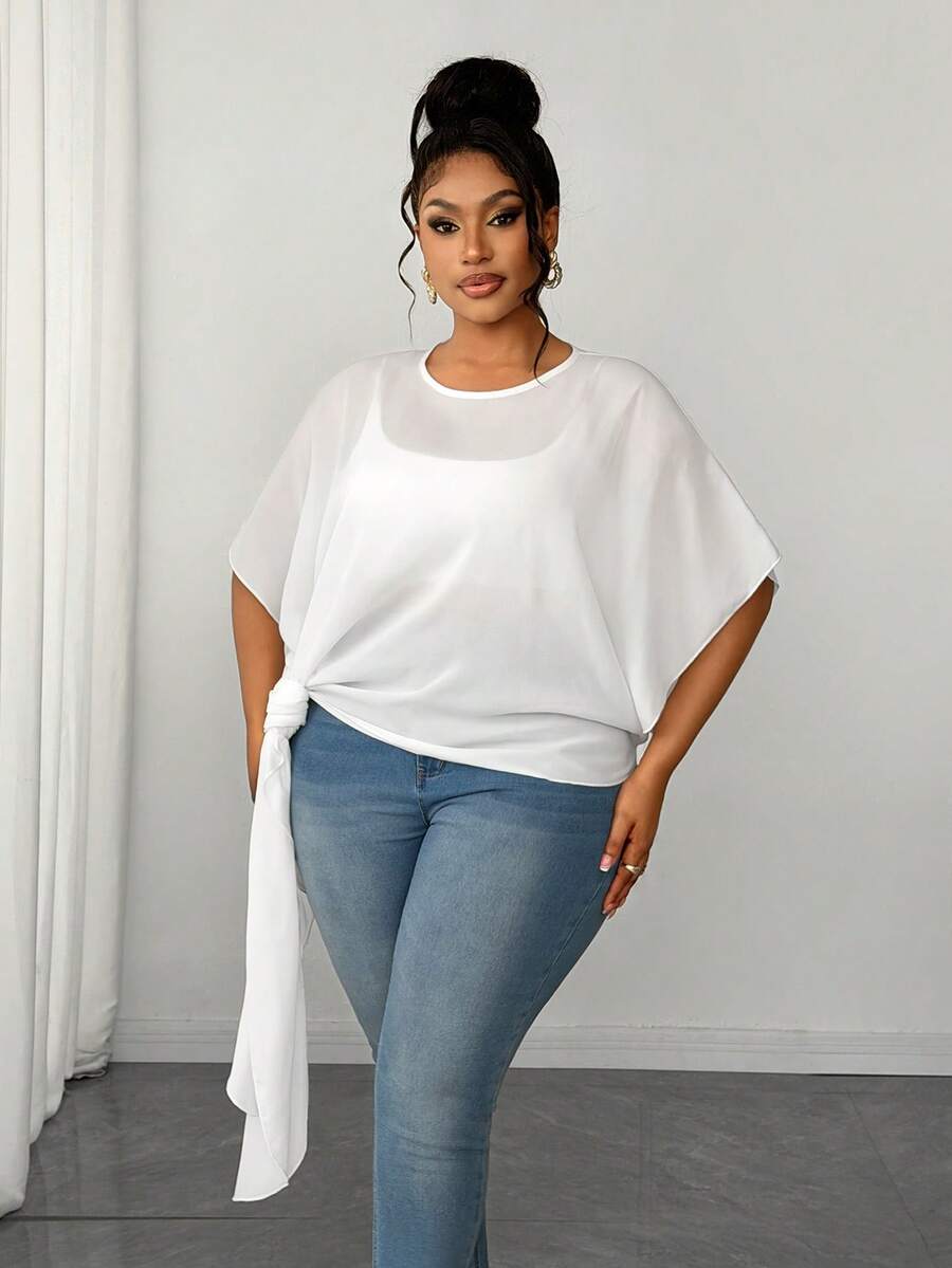 Maweii Blusa elegante branca plus size com amarração no pescoço - Branco - Ver 1