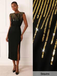 Lilora Women's Elegant Sequin Embroidered Midi Dress - Black - View 3