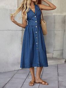 SHEIN Tall Vestido midi de mezclilla con botones y sin mangas con cuello para mujer alta de SHEIN, atuendos casuales, elegantes y de uso diario para mujeres en verano - Azul lavado oscuro - Ver 6