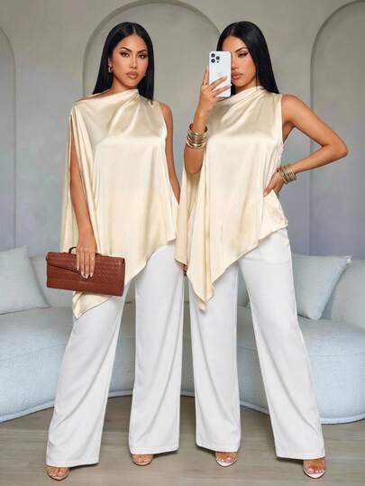 SOLERSUN Blusa de satén color albaricoque asimétrica con mangas tipo capa para mujer, blusa de lujo con hombros drapeados y bajo irregular, atuendo de oficina asimétrico, blusa casual de oficina para mujer