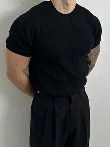 Manfinity Homme Men's Plus Size Black Summer Casual Smart Cable Knit Top, Short Sleeve Ribbed Top For Dates, Formal Commute Linen, Golf Holiday Beach Wear - Multicolor - View 3