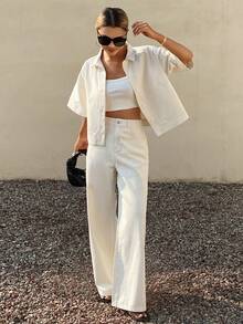 Camisa de mezclilla tipo cardigan de estilo casual y suelto para primavera y verano, blusa blanca, adecuado para el Día de San Valentín, boda, oficina casual, estilo minimalista, al aire libre, casual de negocios, pantalones vaqueros de pierna recta, conjunto de 2 piezas para mujer - Blanco - Ver 9