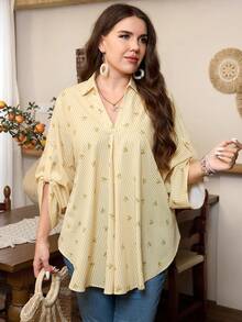 Lacomfia Plus Size Women Bow Tie Striped Print Casual Versatile Blouse - Yellow - View 7