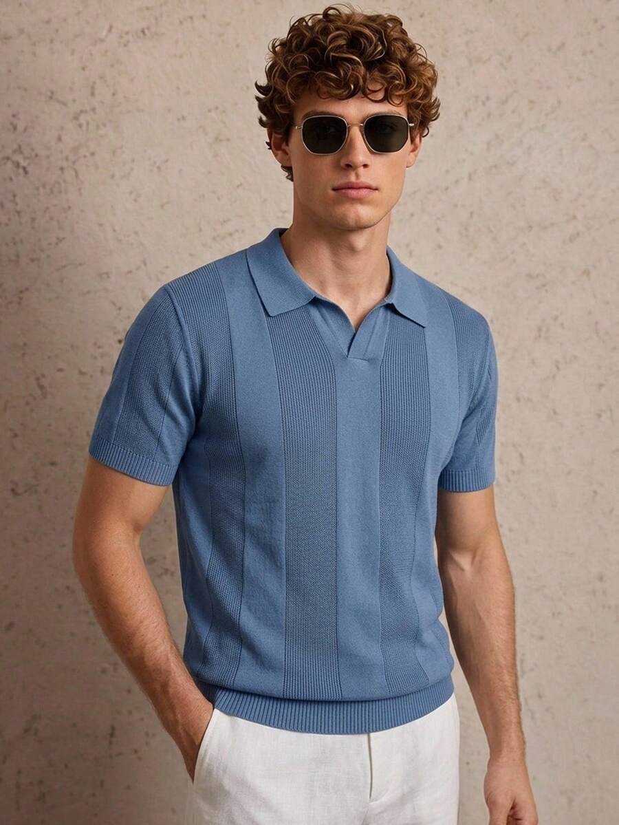 Manfinity CityGents Áo thun nam cổ chữ V tay ngắn, màu trơn, thích hợp mặc đi làm hàng ngày, mùa hè - Màu xanh bụi bặm - Xem 1